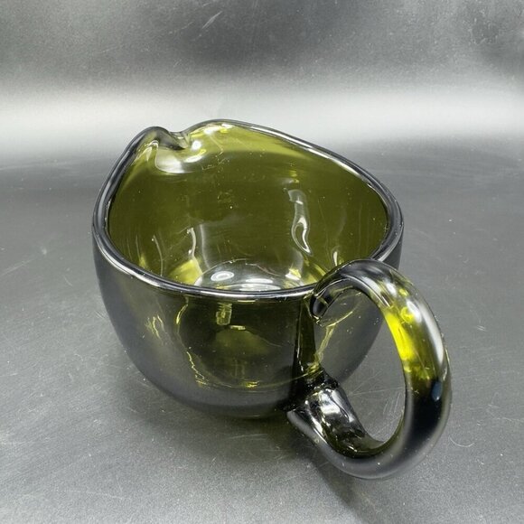 Hand Blown Dark Green Art Glass Pitcher Jug With Handle Hand Made Glassware VTG - Picture 7 of 13